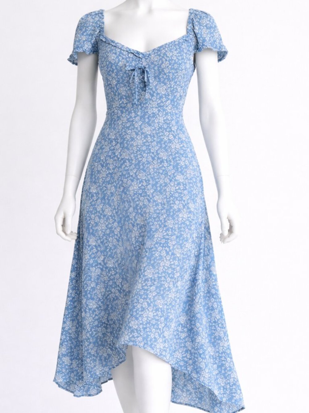 Reformation Marby Dress Blue Floral Asymmetrical Midi Puff Sleeve Size 6 - Picture 3 of 15